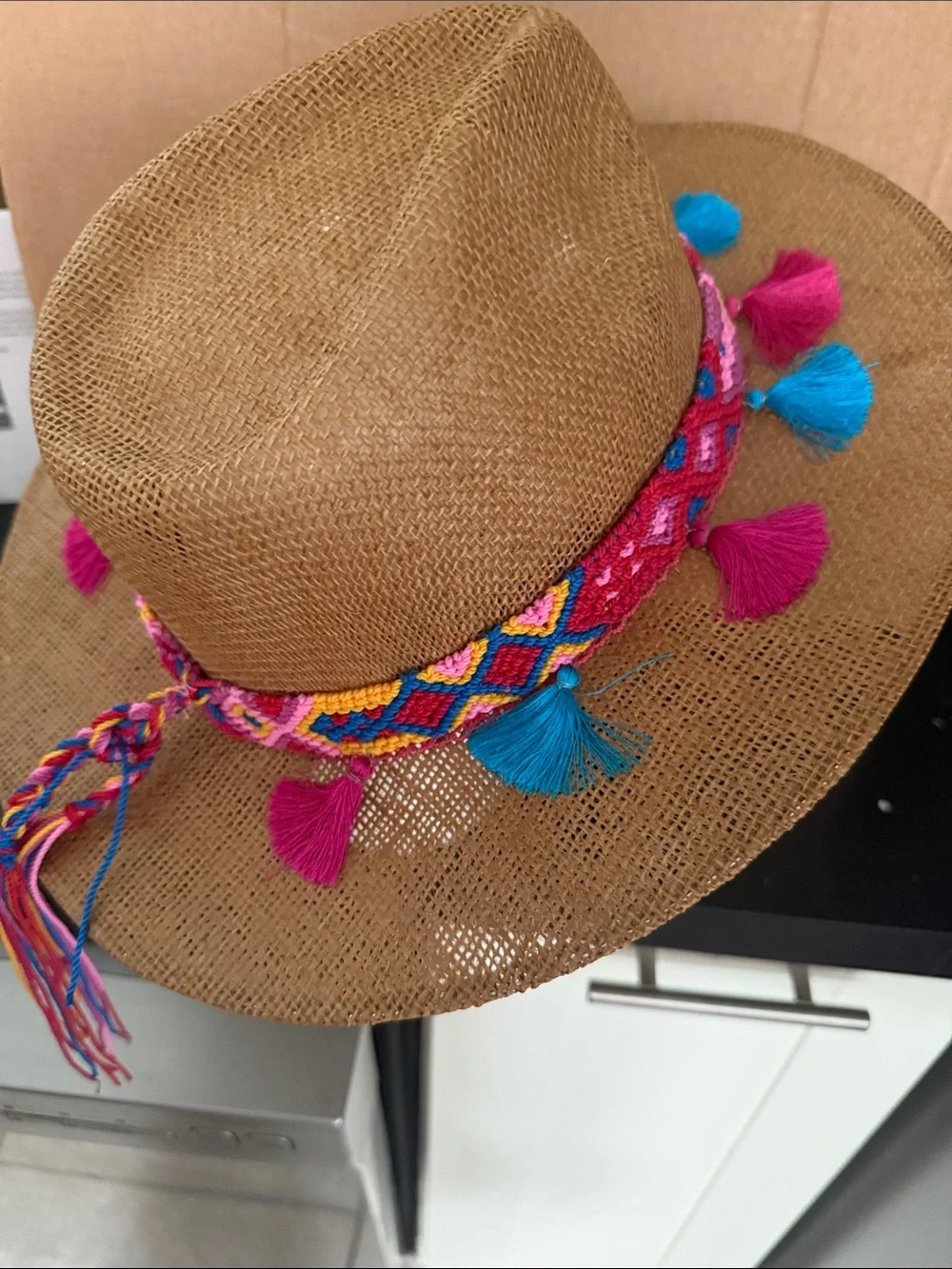 Straw Fedora with Pink & Blue Tassel Band